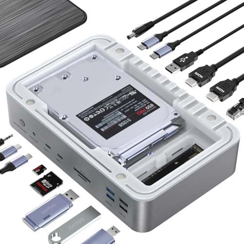 YOTUO 16-in-1 Docking Station with M.2 NVMe/SATA SSD + 2.5/3.5″ HDD/SSD Enclosure, Dual 4K HDMI, 10Gbps USB-C, 100W PD, Gigabit Ethernet, SD/TF Reader for Mac/Windows